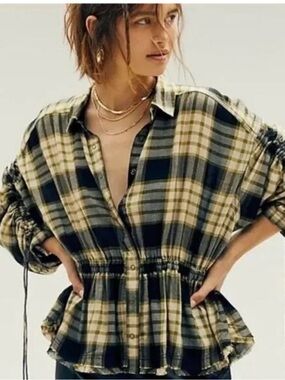 We the free Plaid Shirt Green Sz S loose fit boho